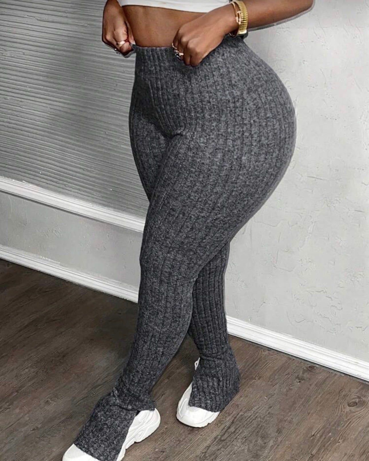 Women’s casual fleece hem slit -side flare pants