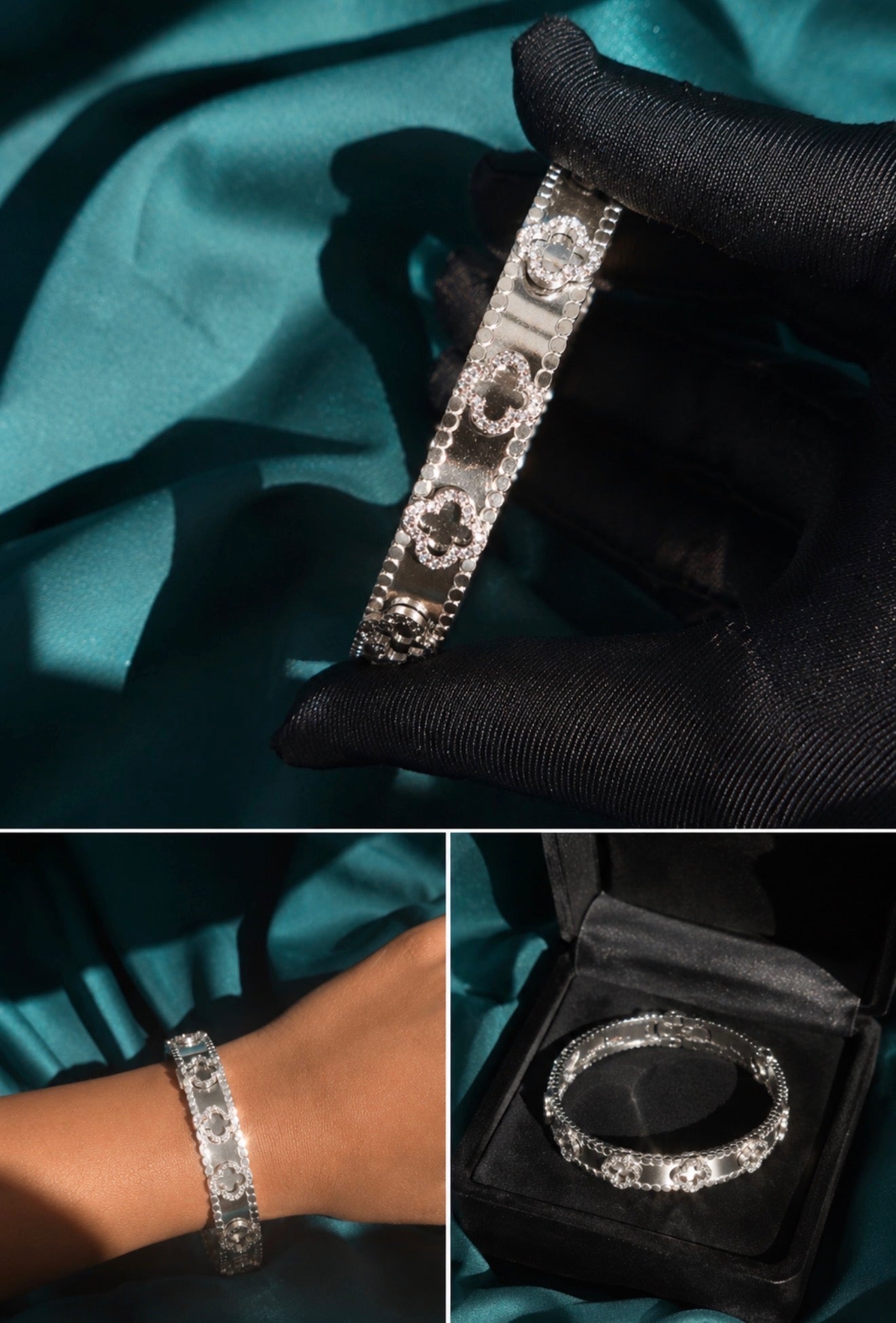 Women’s silver four-leaf clover rhinestone bangle