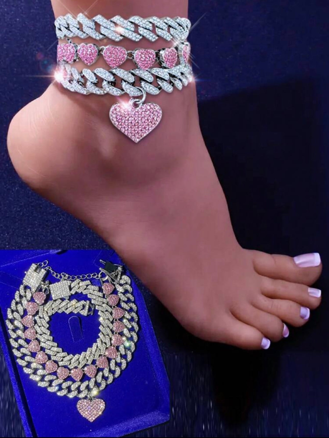3PC Heart iced out layered link anklet