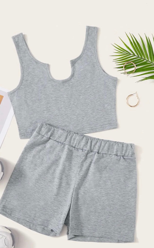Grey seamed crop shorts set