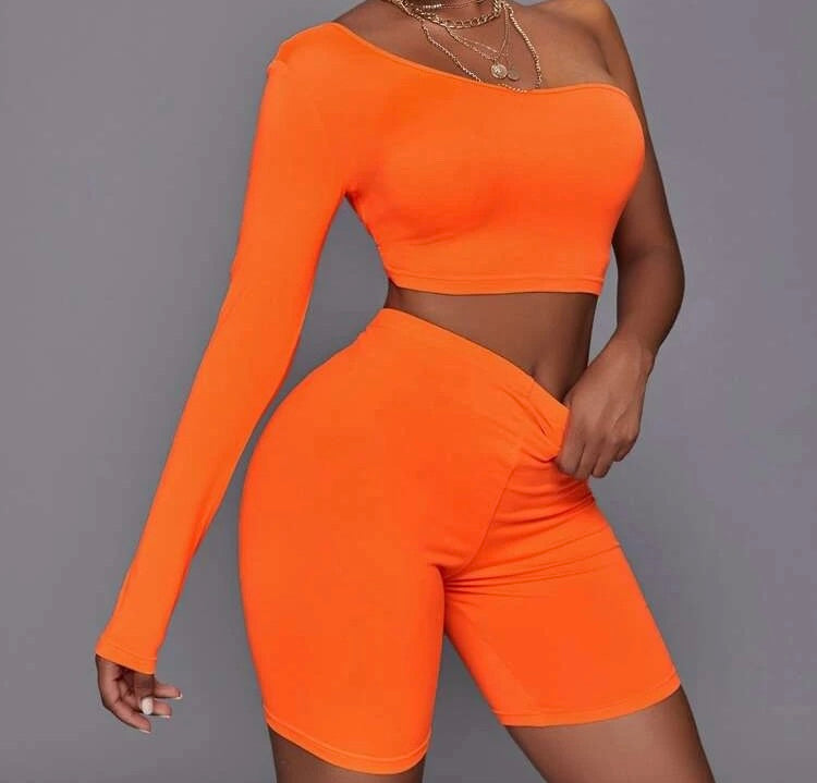 Orange sexy one shoulder top & biker shorts set