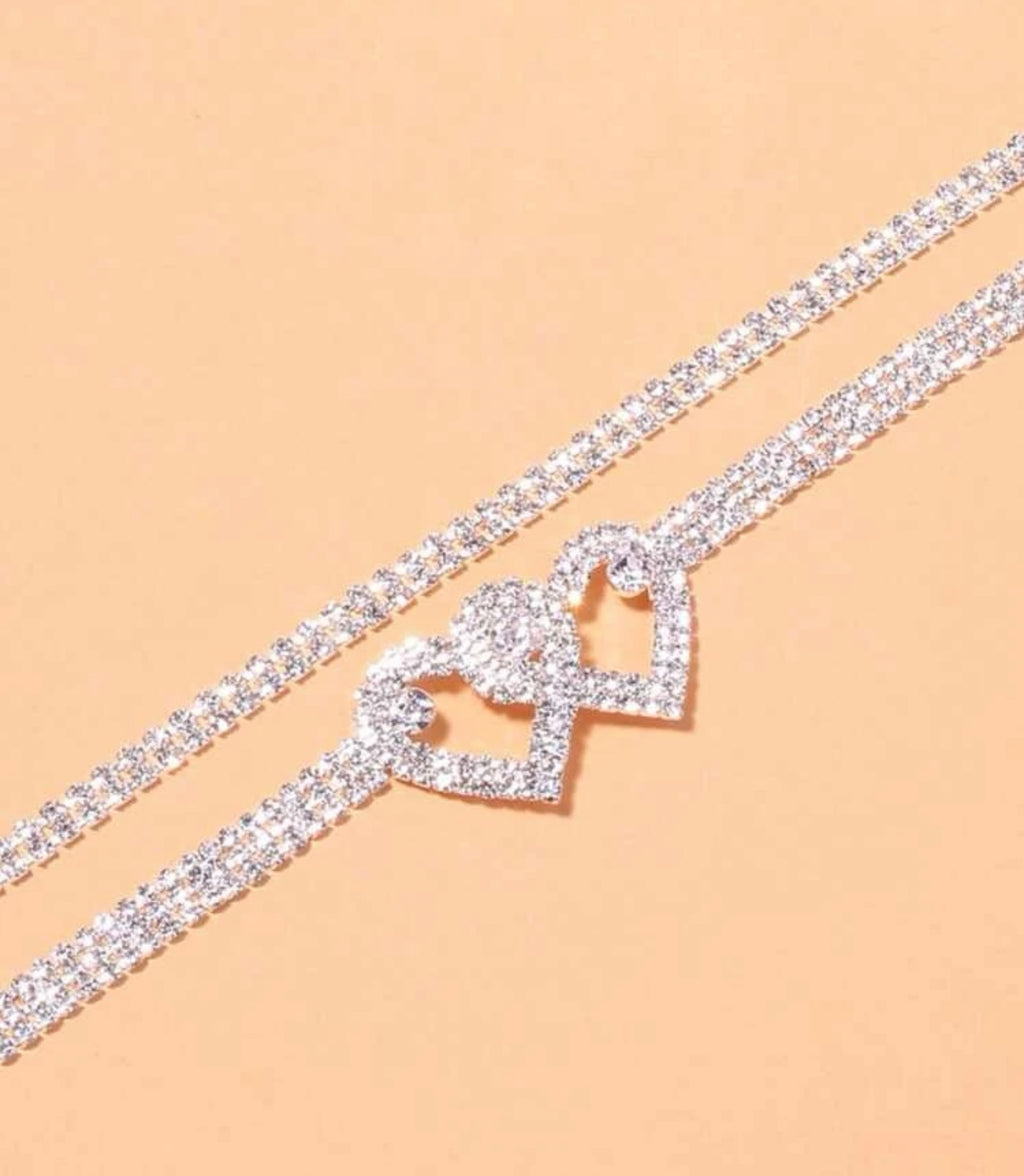 2pcs heart rhinestone anklet