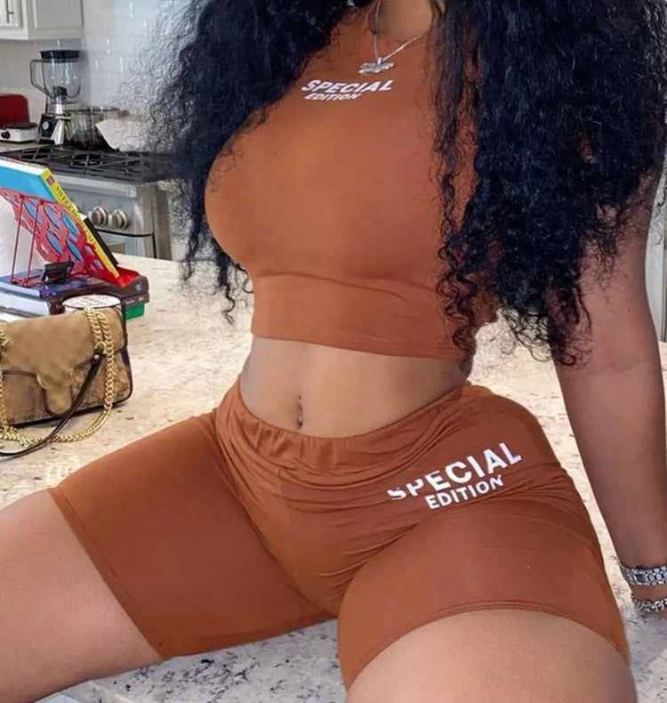 Brown “special edition” fitted shorts set