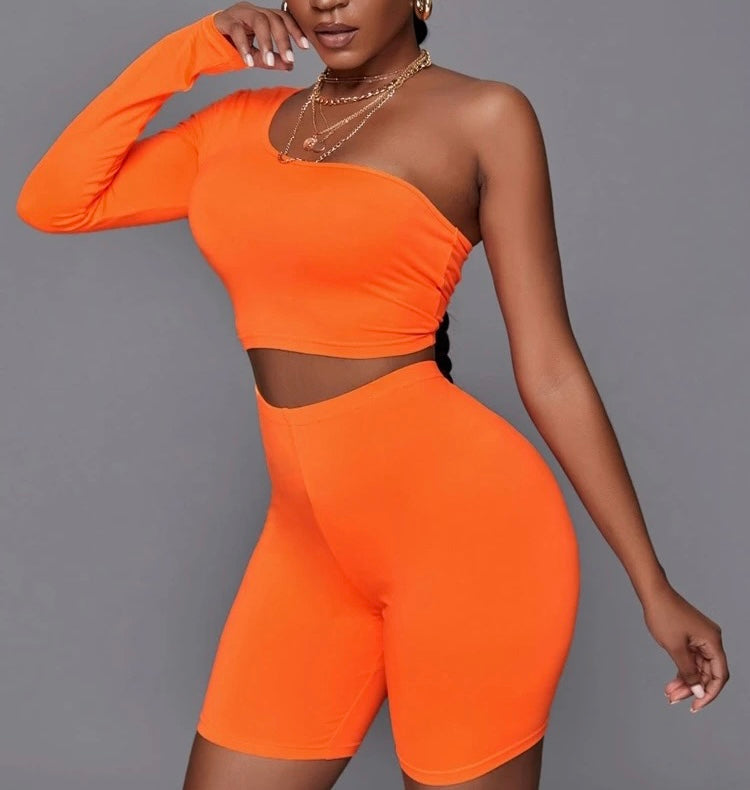Orange sexy one shoulder top & biker shorts set
