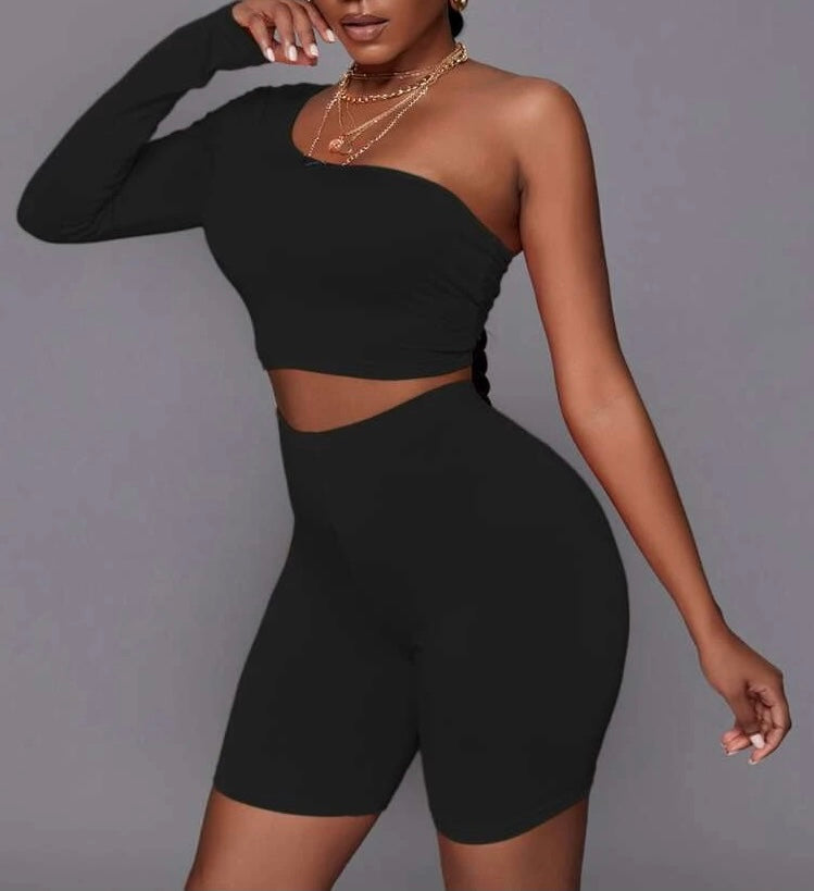 Black sexy one shoulder top & biker shorts set