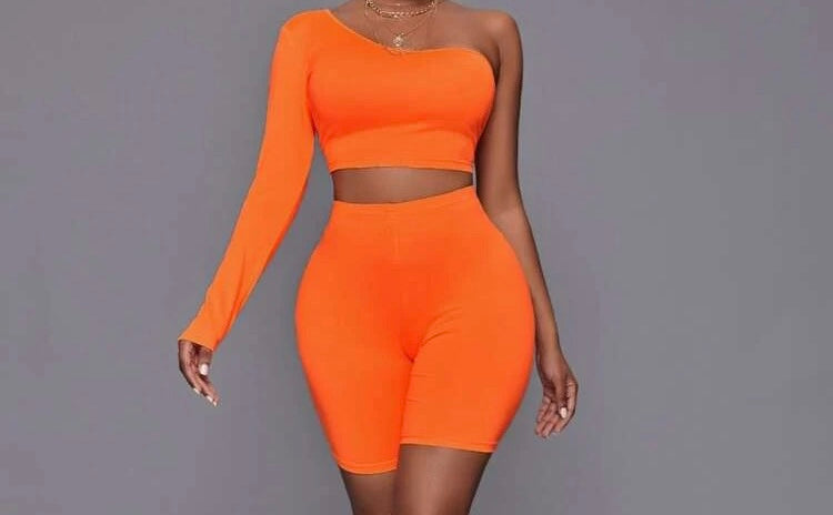 Orange sexy one shoulder top & biker shorts set