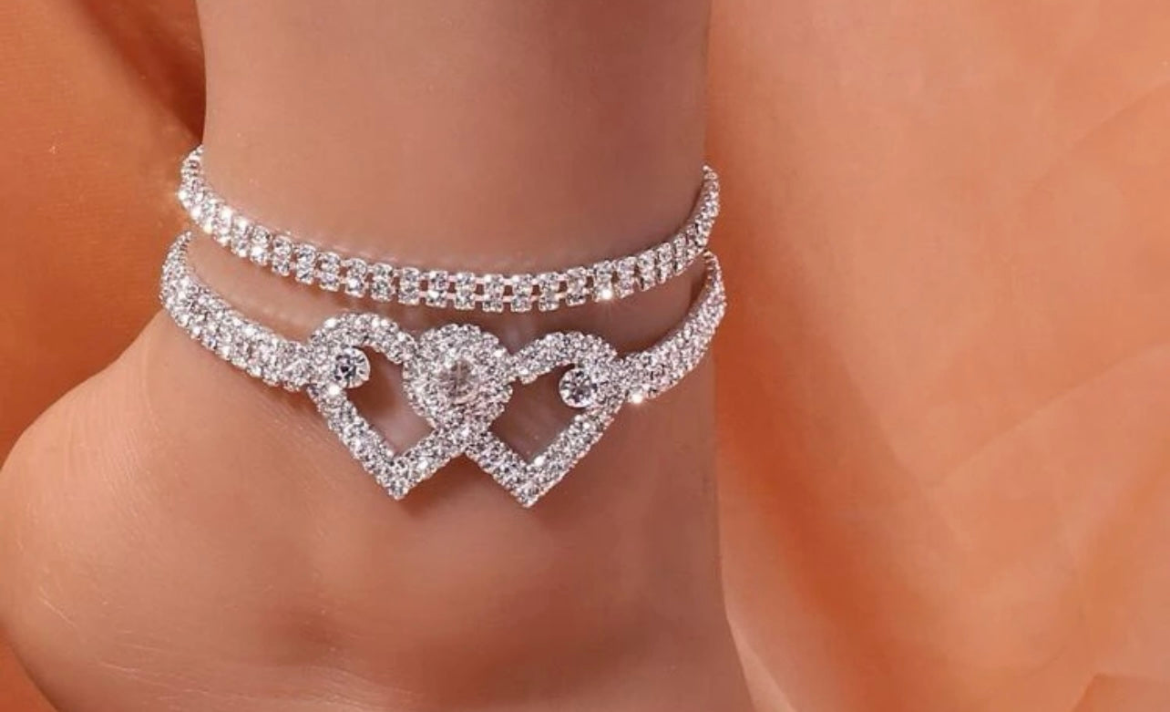 2pcs heart rhinestone anklet