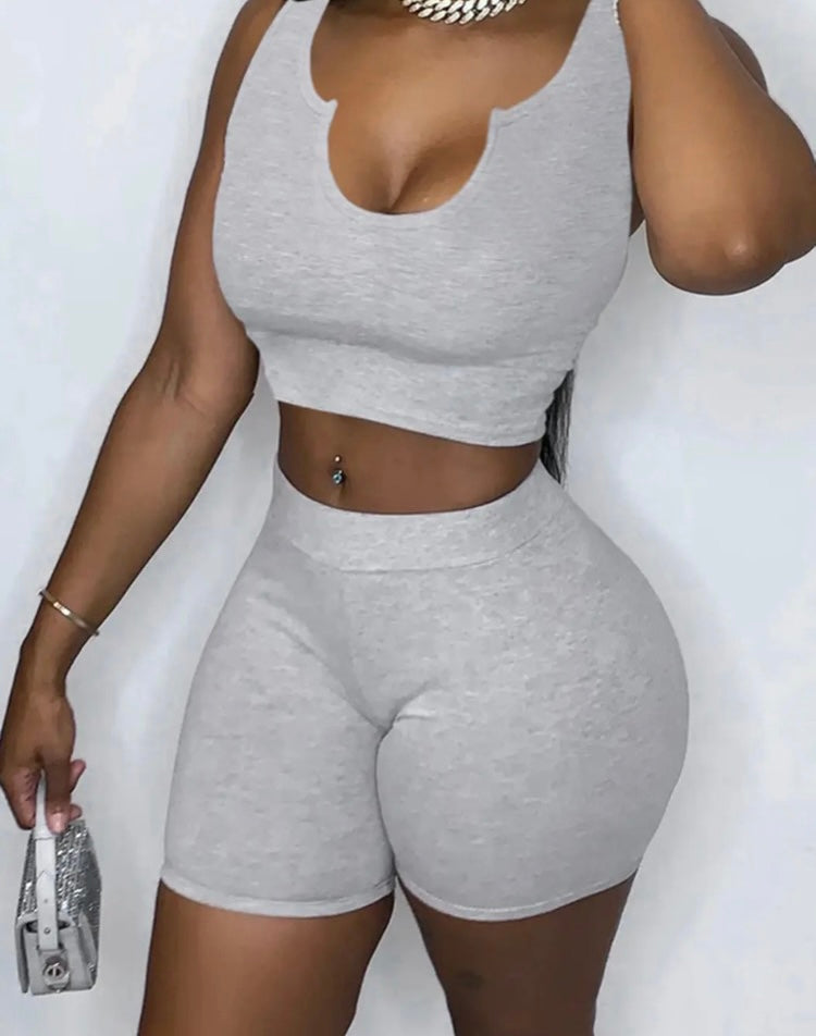 Grey seamed crop shorts set